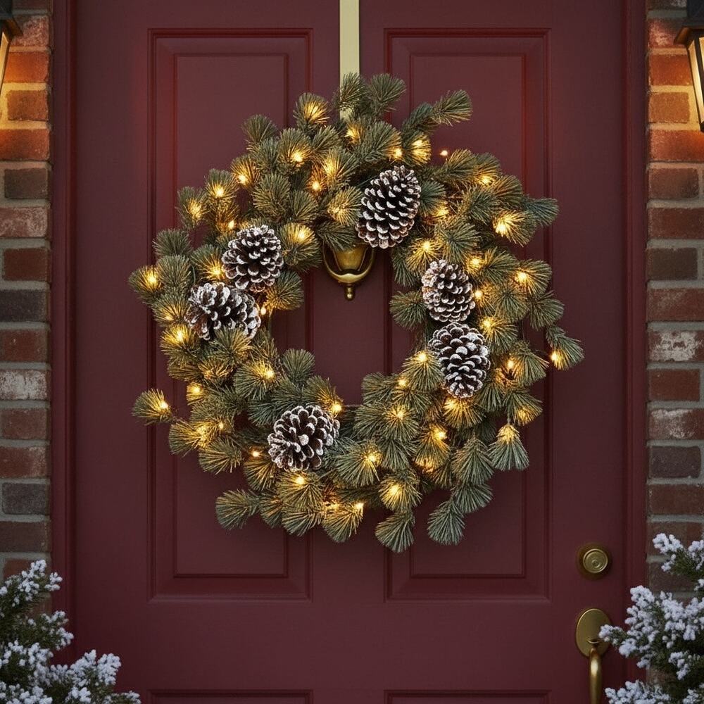 26" Artificial Pine Wreath with Frosted Cones | Winter Christmas Door Decor